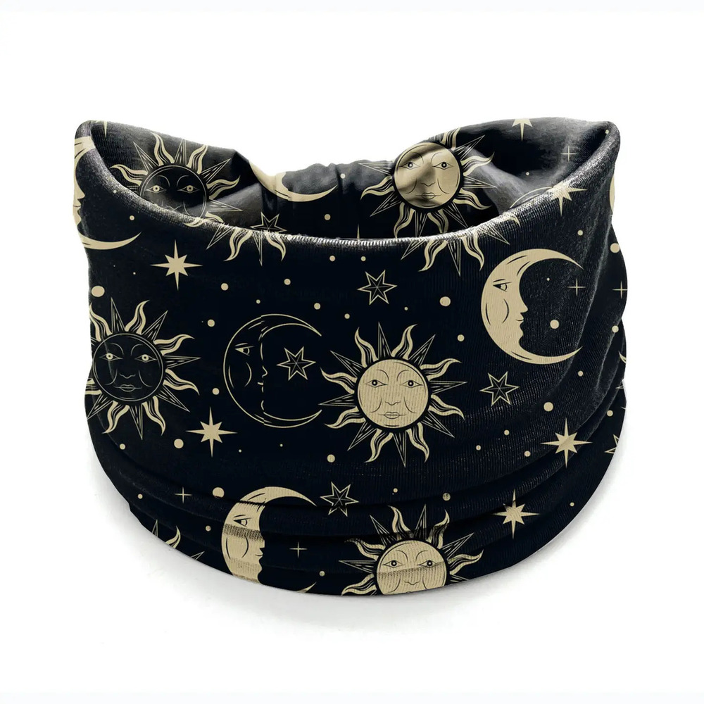 X45 Black/Gray Boho Sun & Moon Print Headband / Neck Gaiter | Black Gray